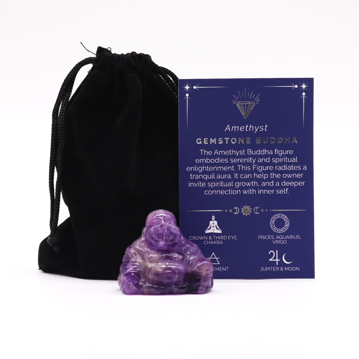 Small purple amethyst gemstone Buddha figurine hand-carved in a sitting meditative pose.