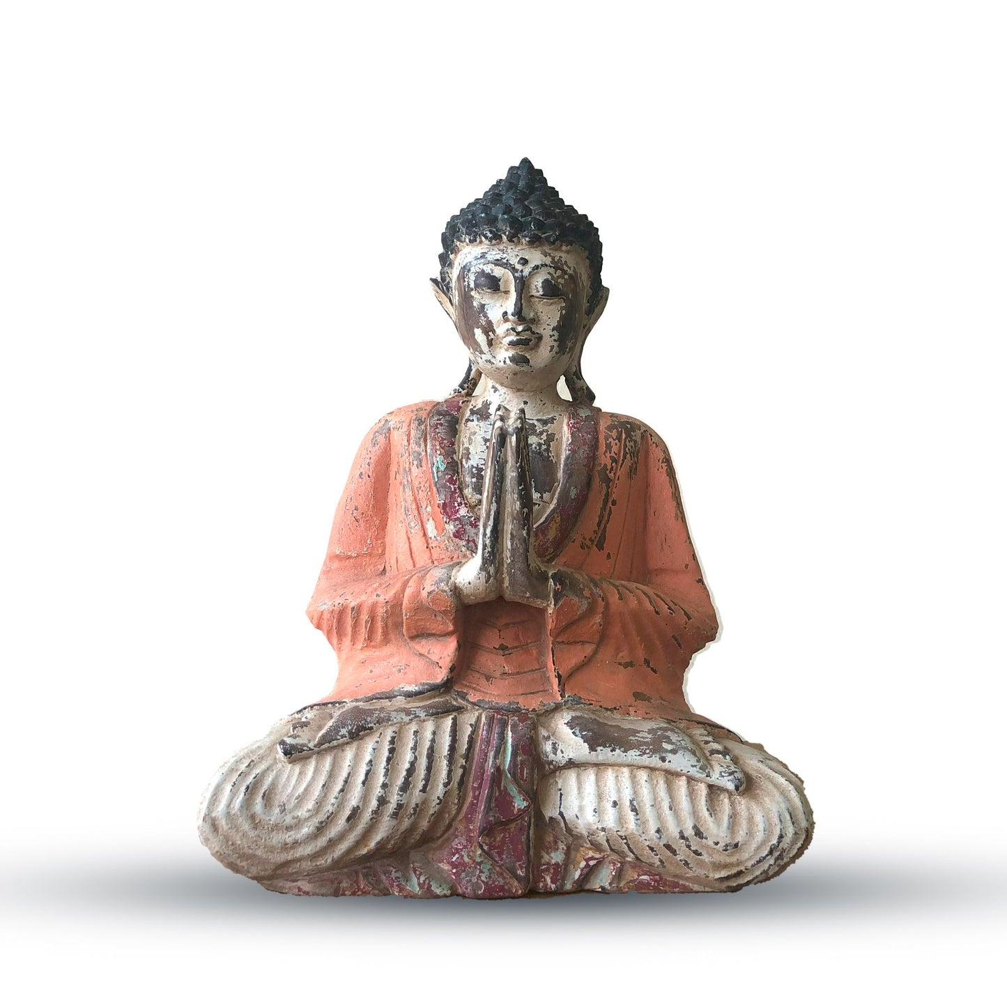 Hand-carved vintage orange Buddha statue in a welcoming gesture, standing thirty centimetres tall.