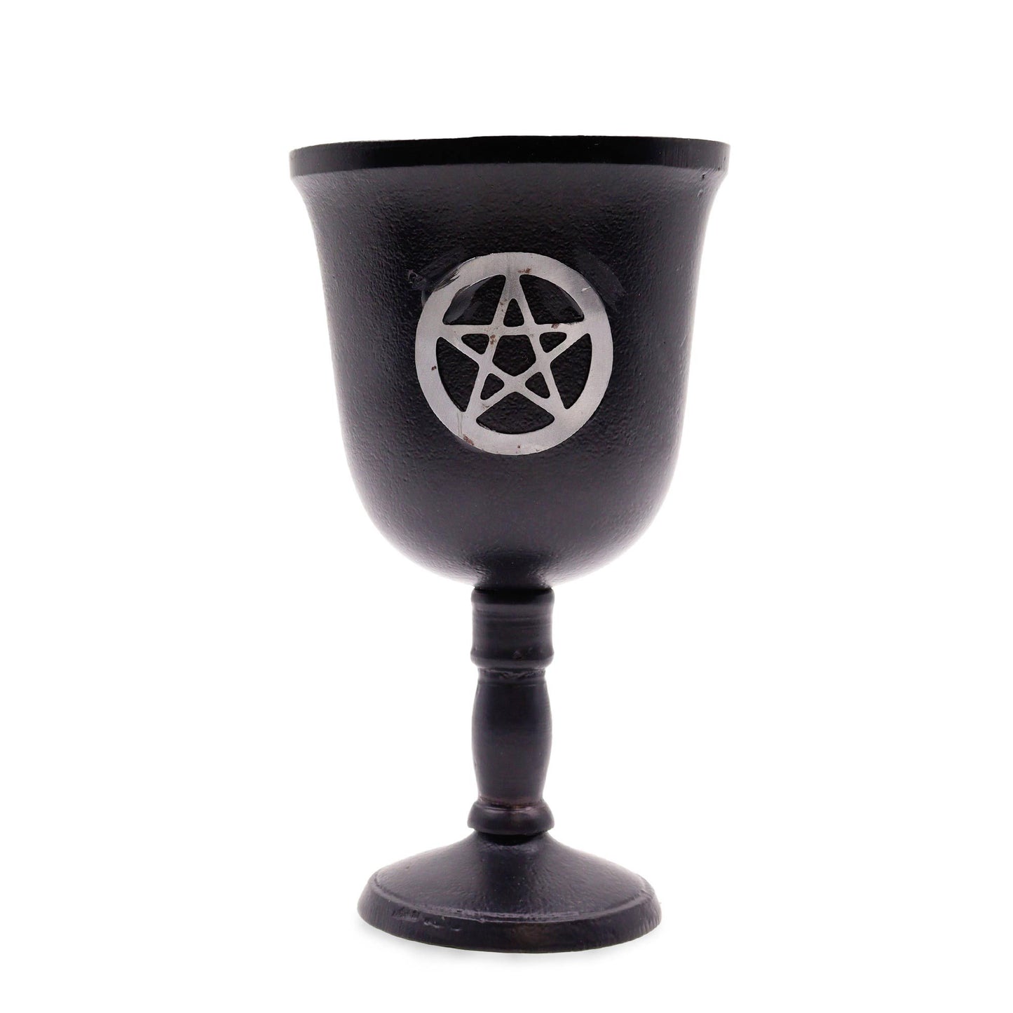 Handcrafted black iron ritual goblet featuring an engraved pentagram symbol on a sturdy pedestal base.