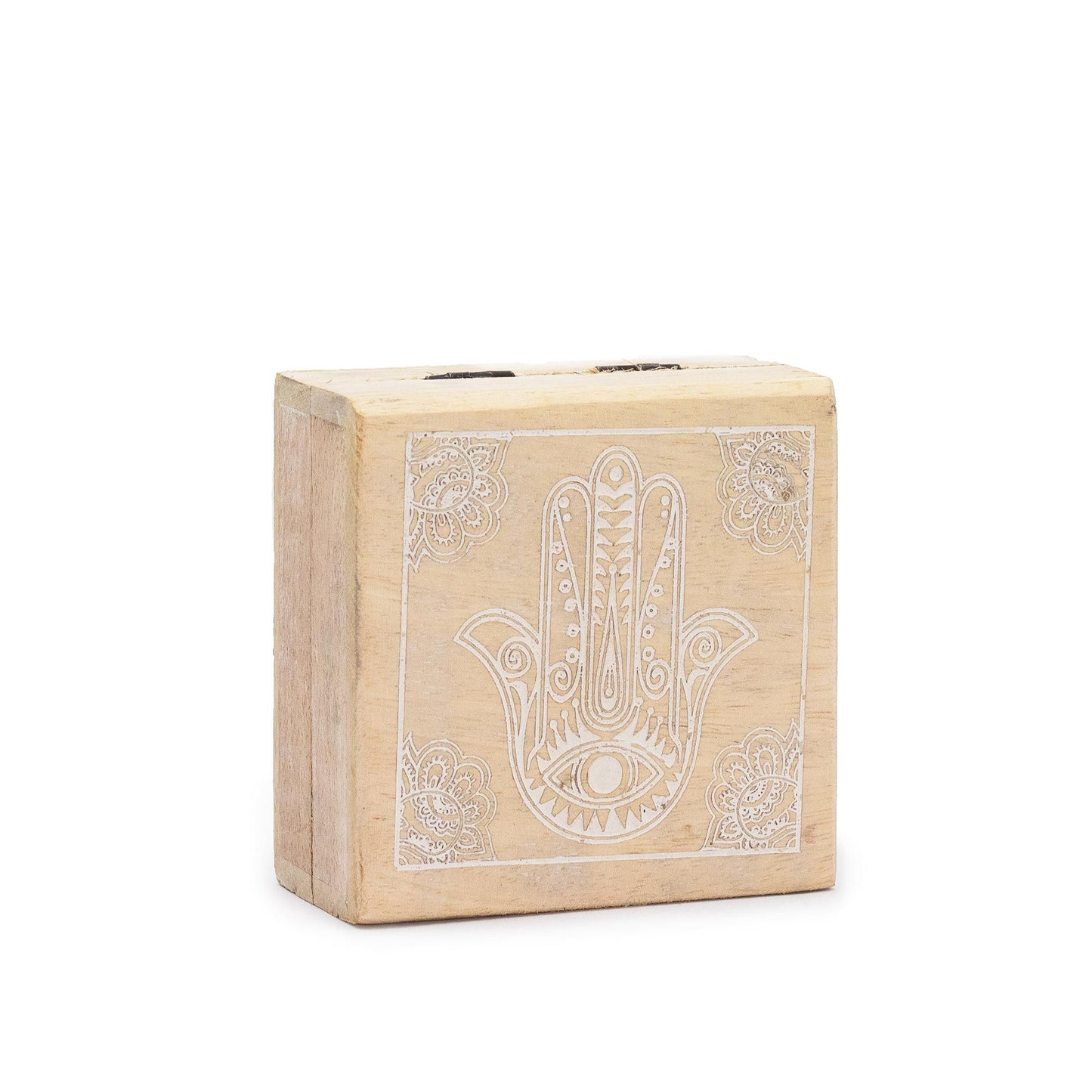 Small square whitewashed wooden box with a decorative Hamsa Hand carved on the lid.