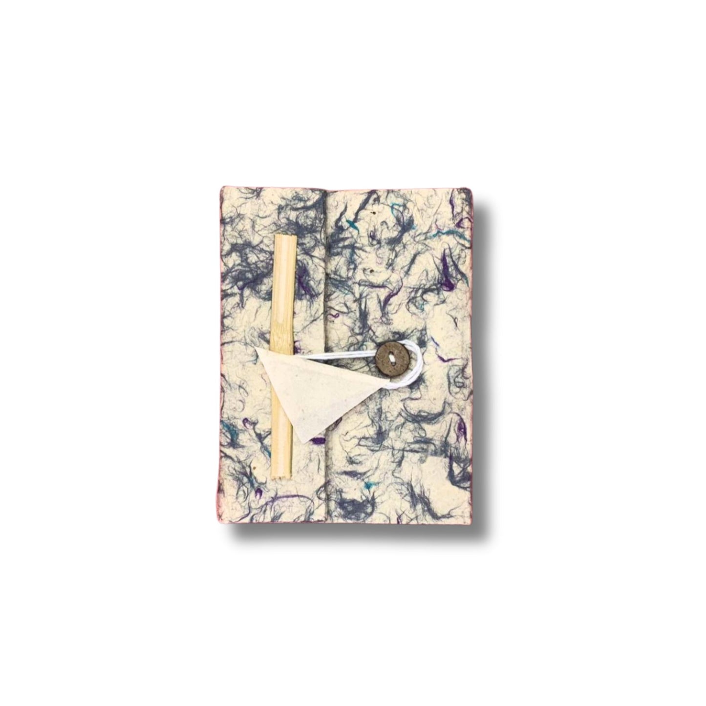 Small pocket-sized notebook made from natural lokta paper with marbled blue cotton fibres and 40 blank pages.