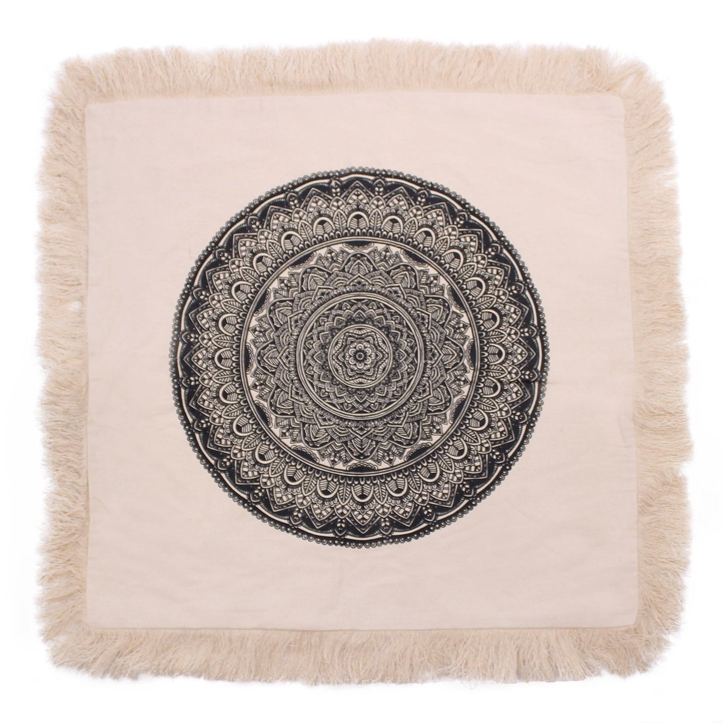 Large square black cushion cover featuring an intricate white traditional mandala pattern.