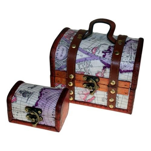 Two vintage-style wooden storage boxes with an atlas map design, aged finish, leather handles, and brass fittings.