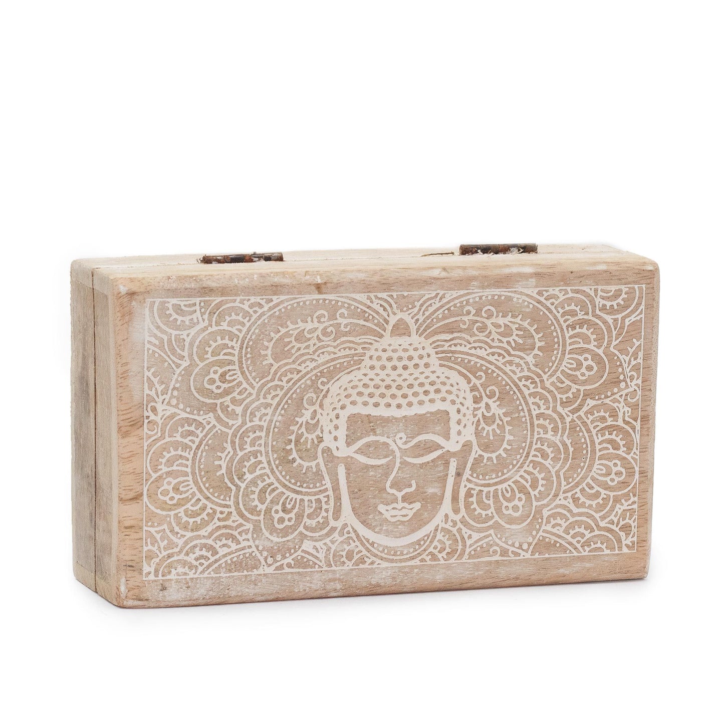 Square whitewash wooden box featuring an intricate carved Buddha face design on the lid.