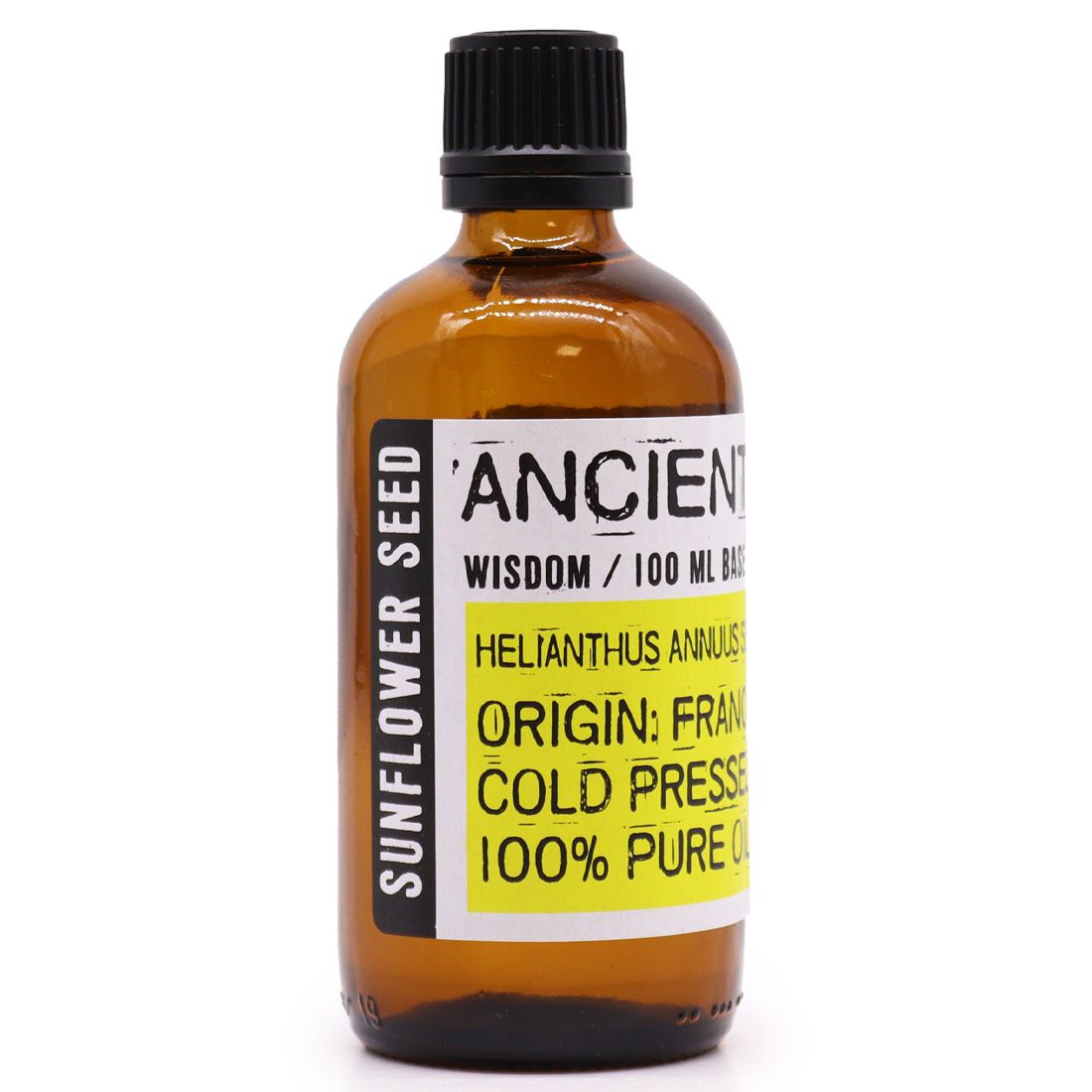 Clear 100ml bottle of pale golden sunflower carrier oil for massage and skincare.