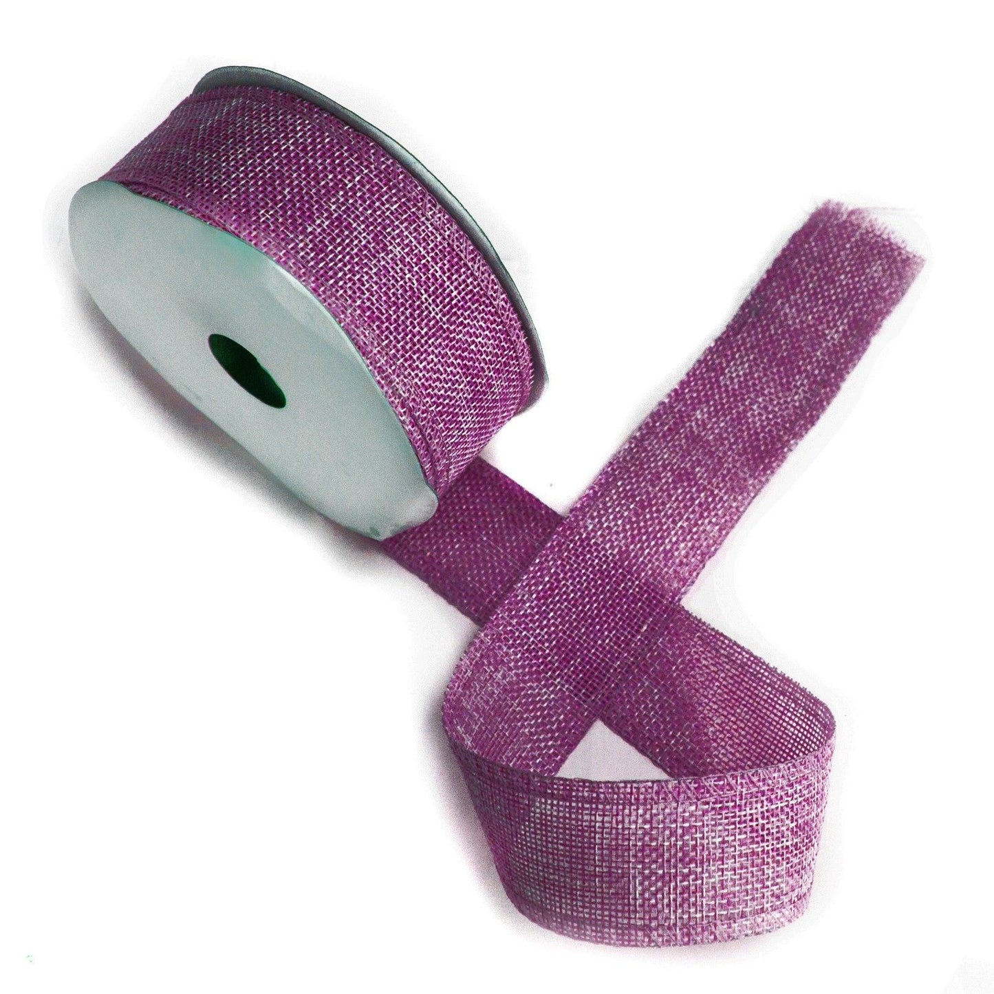 Close up of a roll of textured non-woven fabric ribbon in a soft French Lavender purple shade.