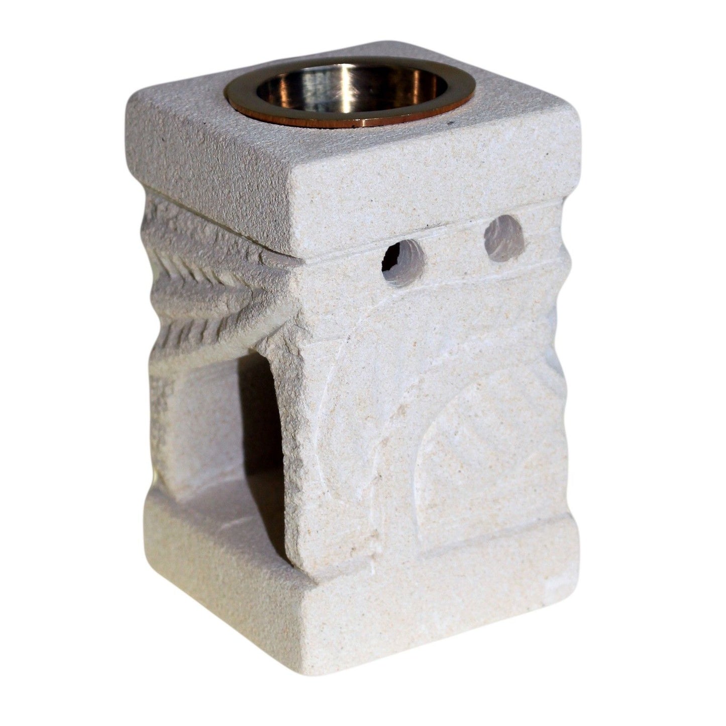 Hand-carved sandstone oil burner featuring a delicate leaf design and natural stone texture.