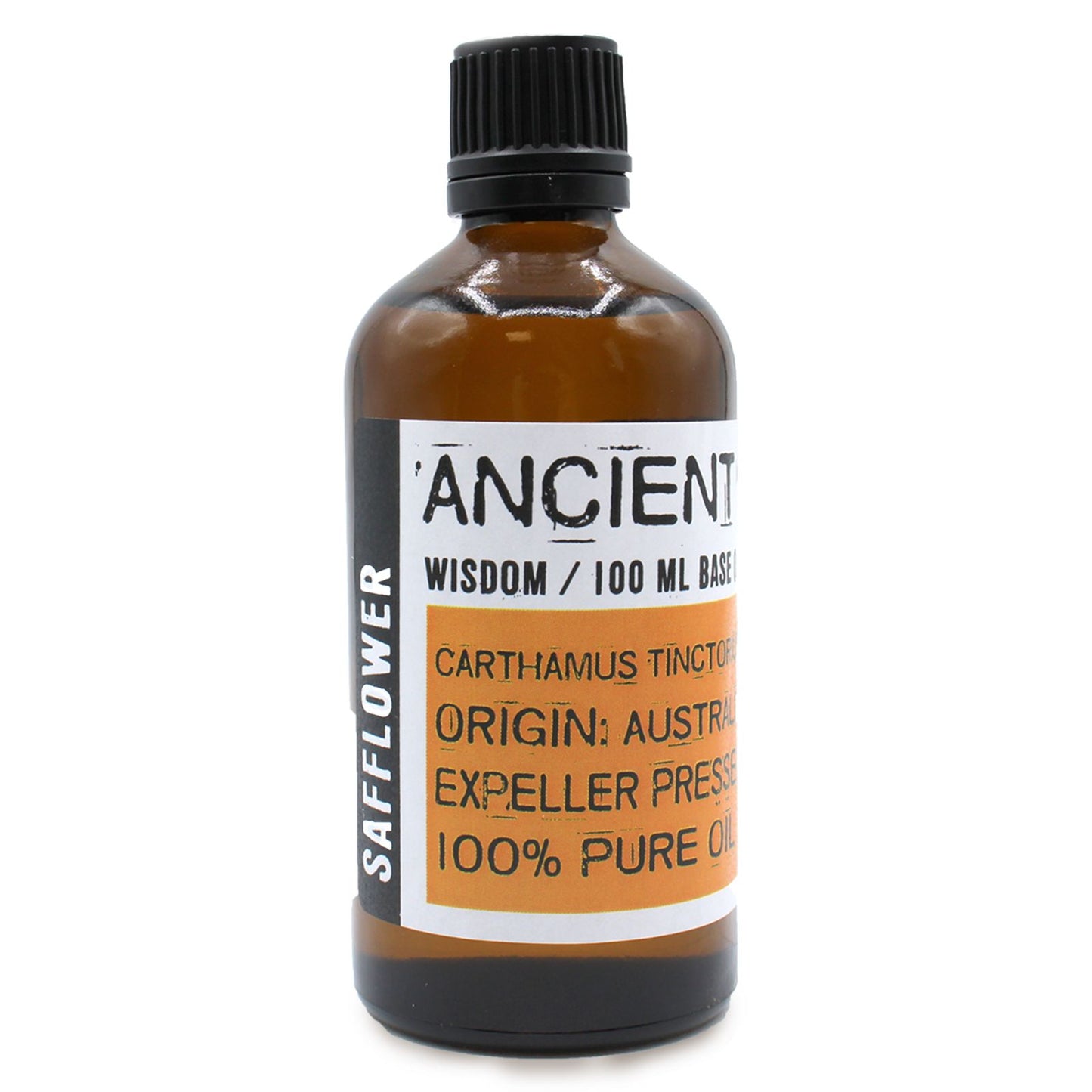 Clear 100ml bottle of pale yellow safflower carrier oil for aromatherapy and skincare.