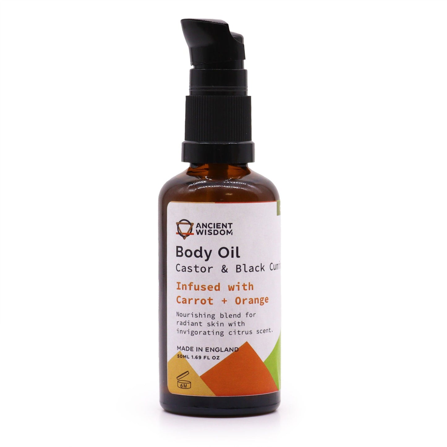 Clear 50ml bottle of vibrant orange organic body oil with a minimalist label on a neutral background.
