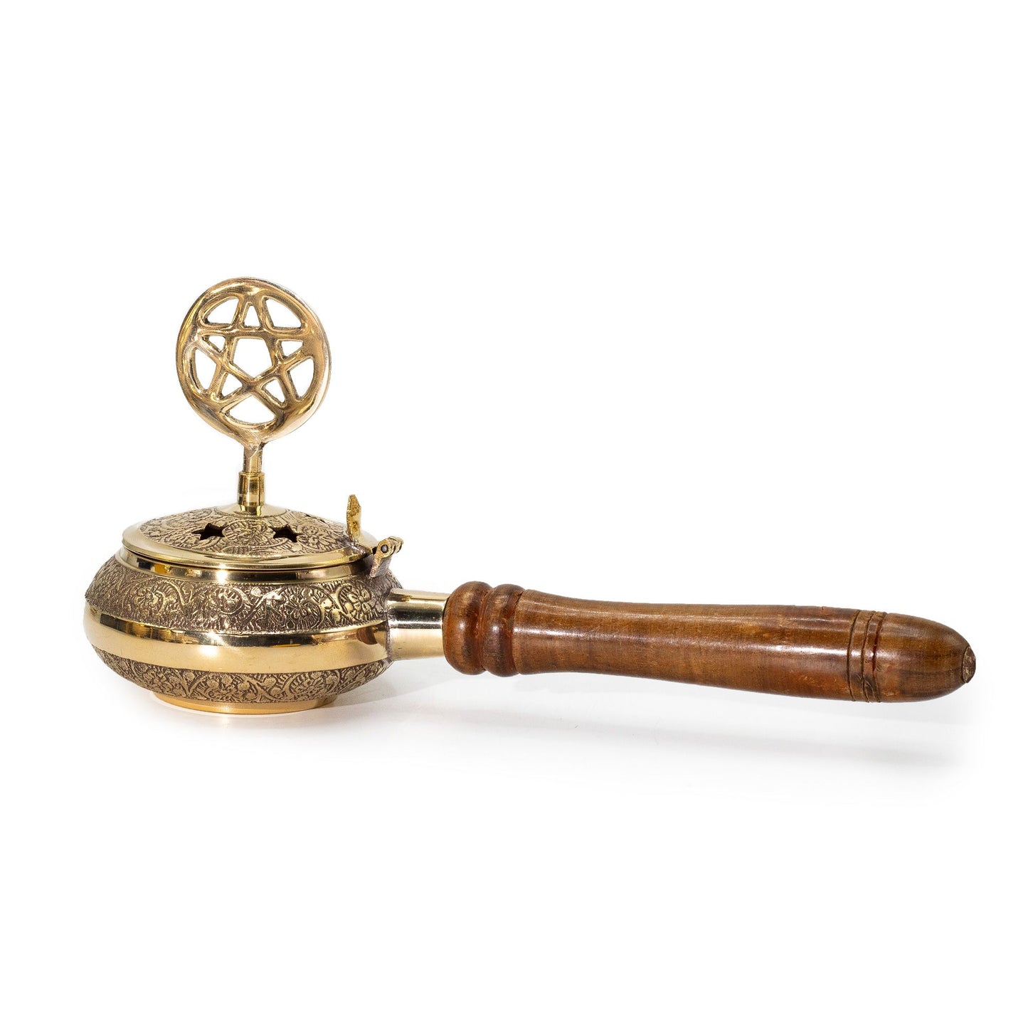 Ornate brass incense censer with engraved star vents, a pentagram finial, and a polished protective wooden handle.