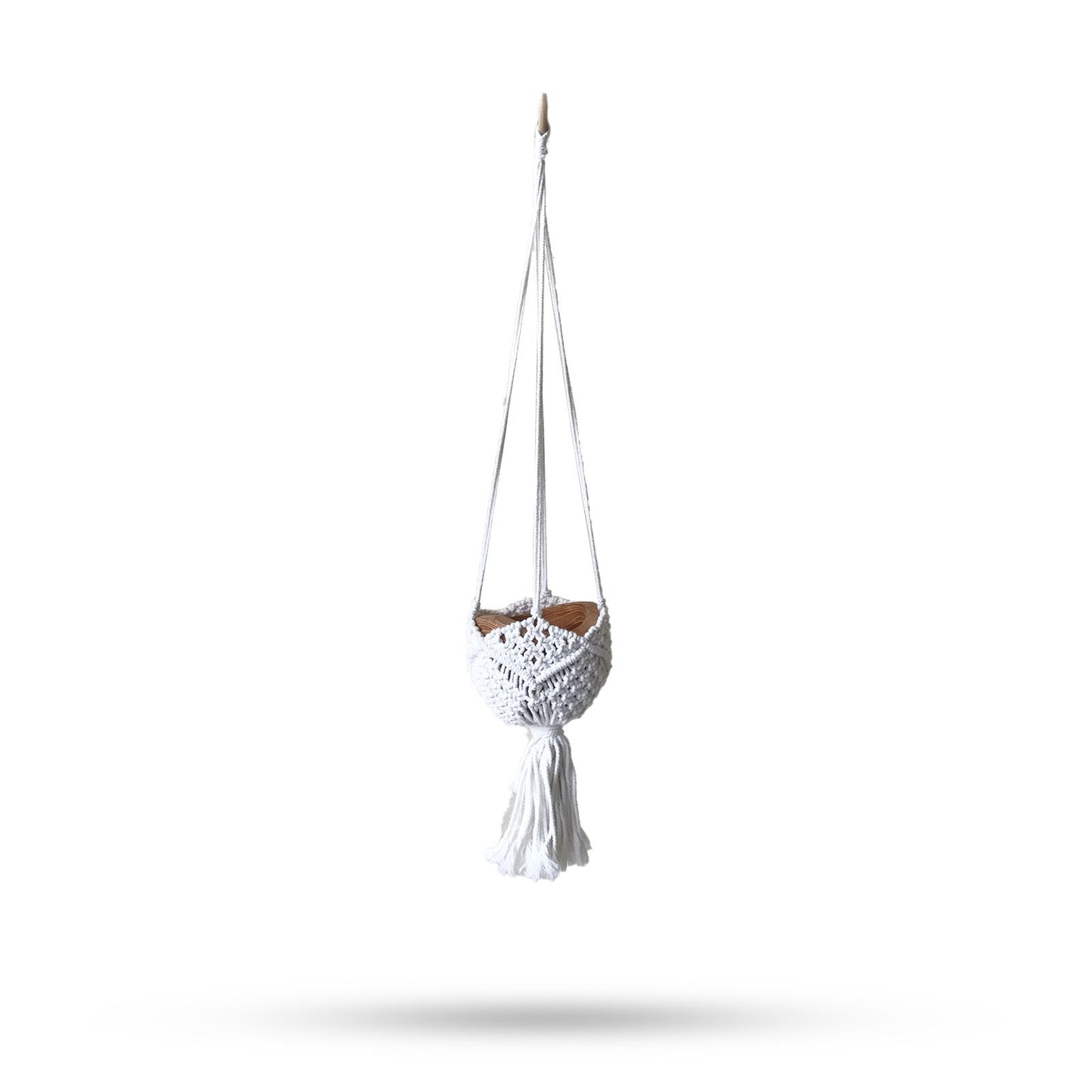 Handcrafted decorative natural cotton macrame plant hanger featuring intricate knot patterns.