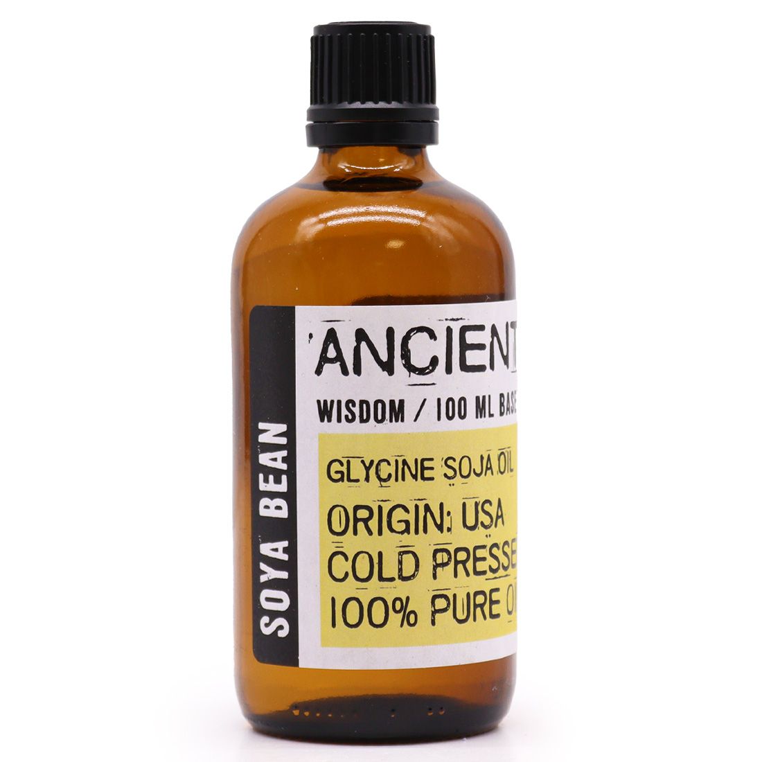 A clear 100ml bottle containing pale yellow soya bean carrier oil for aromatherapy and massage.