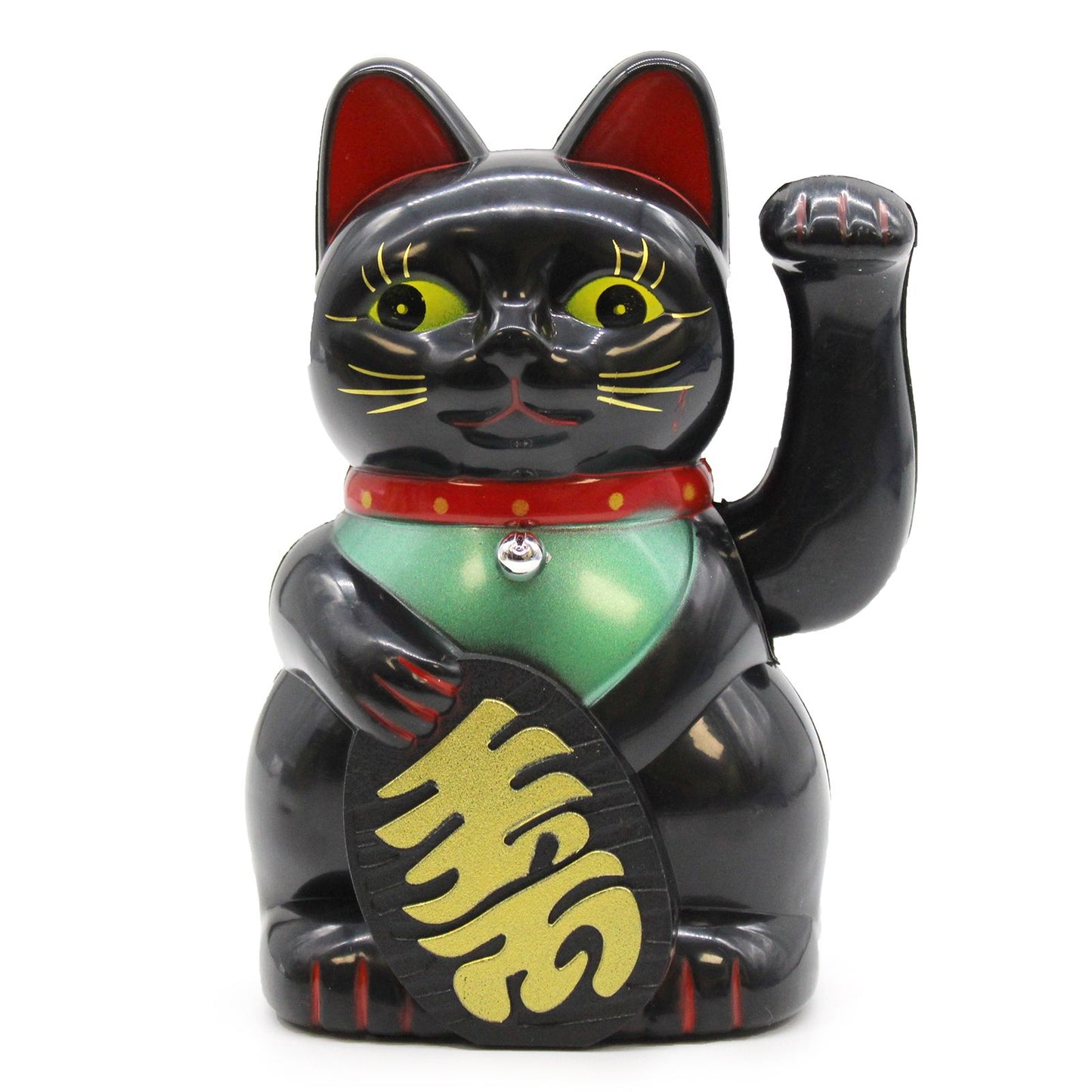 Traditional black Maneki-neko lucky cat figurine with a waving left arm and golden decorative details.