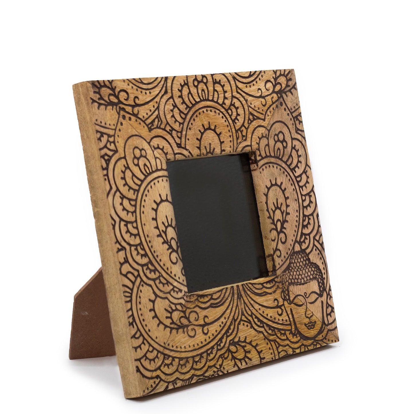 Square black mango wood picture frame with a hand-carved Buddha design and a rustic textured finish.