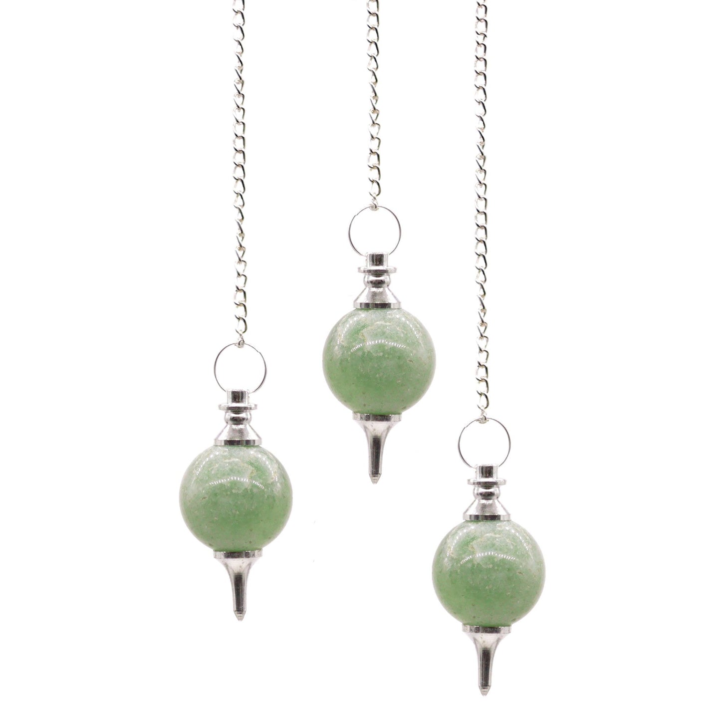 Green Aventurine crystal sphere pendulum attached to a delicate silver-toned chain with a matching gemstone bead end.