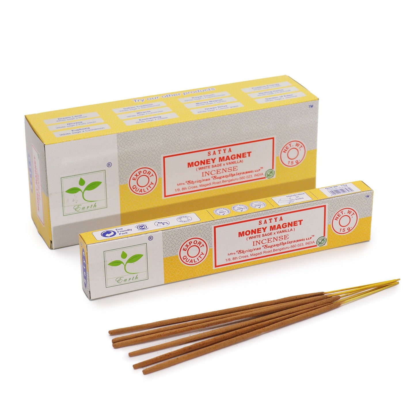 A 15g pack of Money Magnet incense sticks featuring a blend of white sage and sweet vanilla fragrance.
