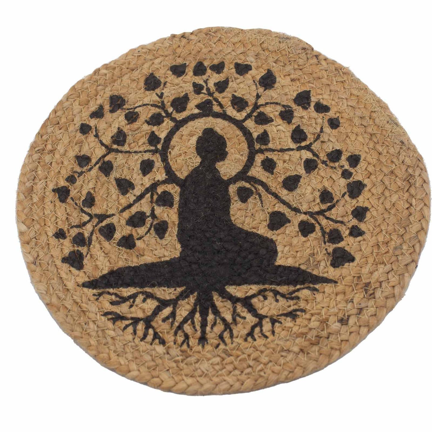 Round natural jute place mat featuring a black printed Bodhi Tree design in a rustic, minimalist style.