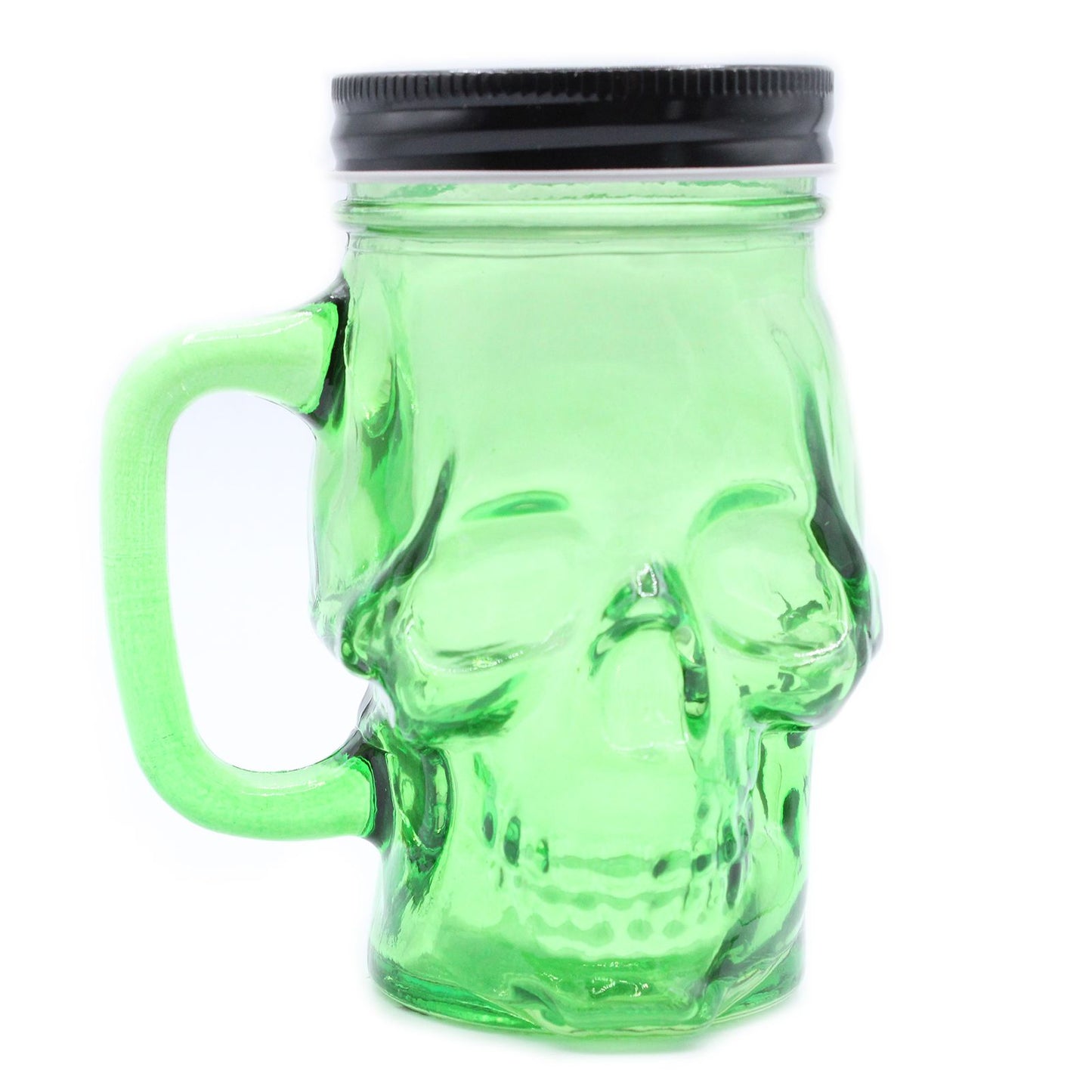 Vibrant green glass mason jar shaped like a skull with a metal screw-top lid and reusable straw.