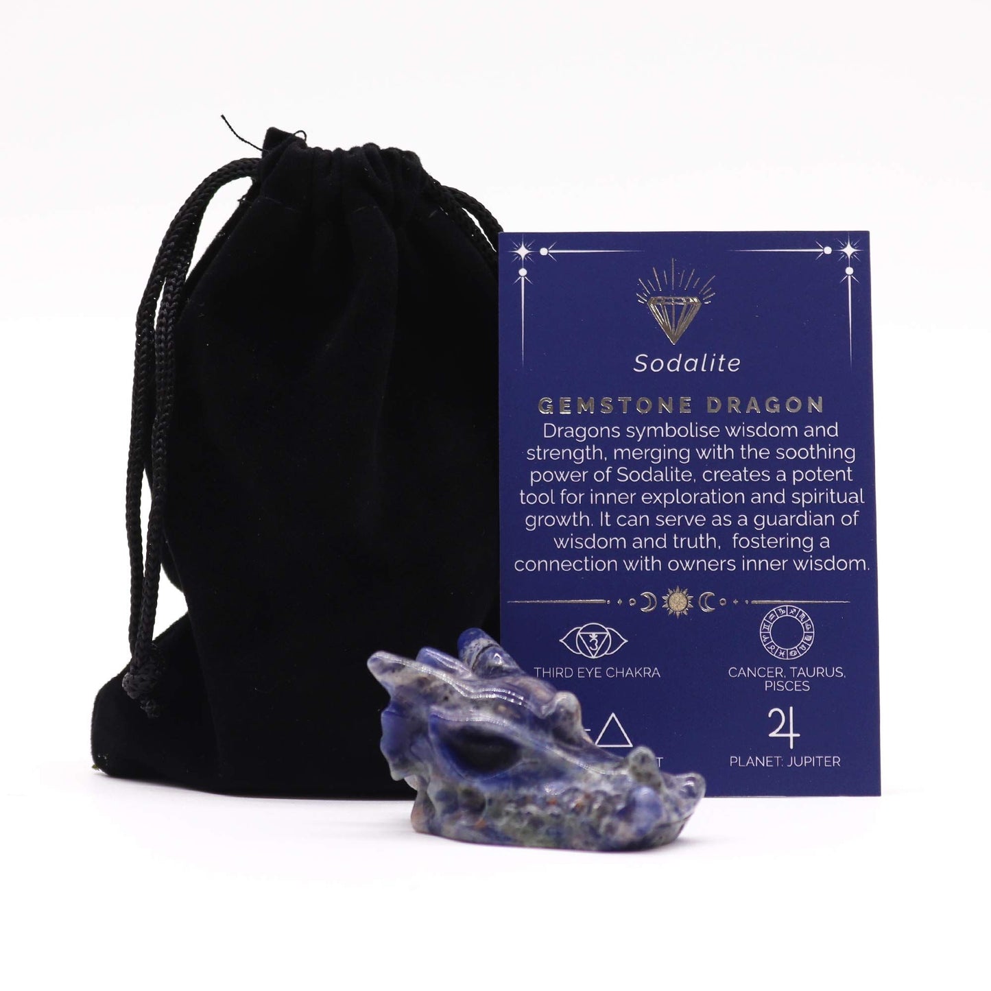 Detailed small hand-carved blue and white sodalite gemstone dragon head figurine.