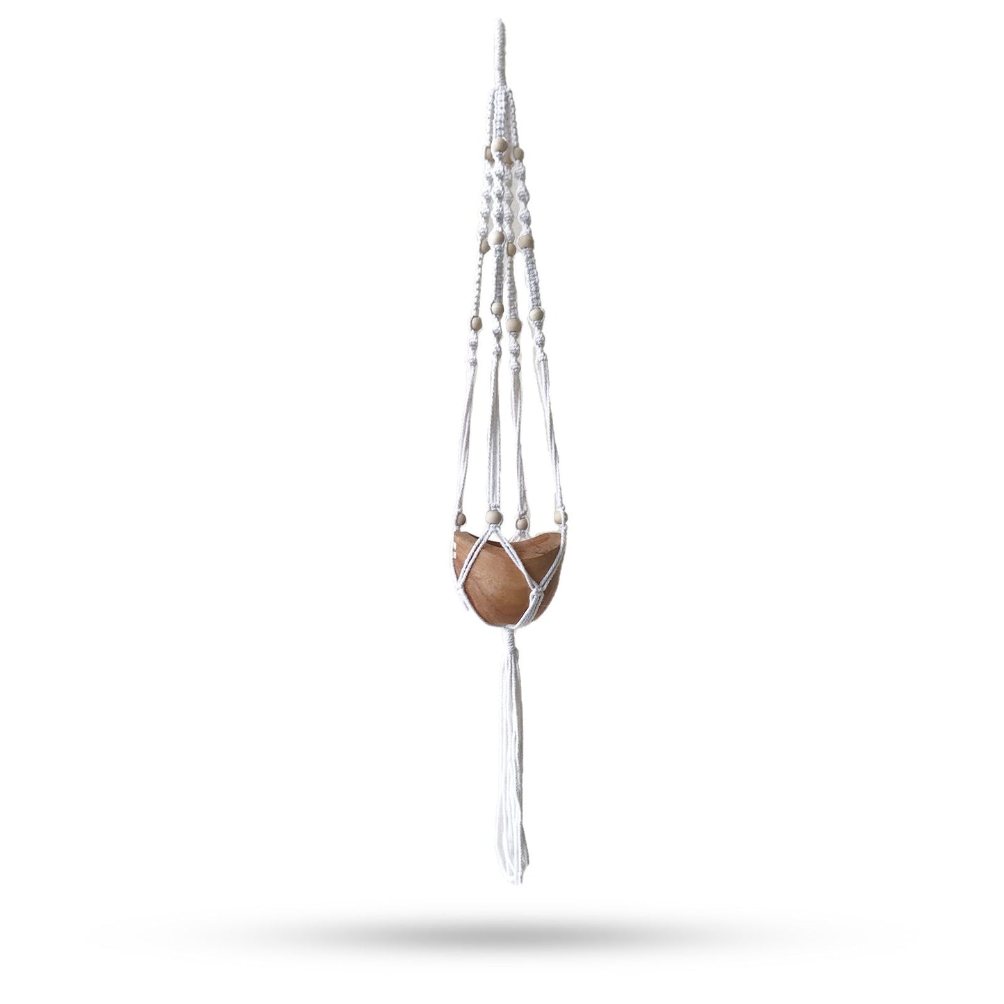 Handcrafted natural cotton macrame plant hanger with decorative wooden beads and a sturdy hanging loop.