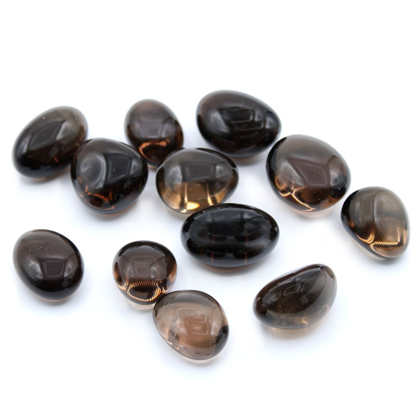 Smooth, polished large smoky quartz tumble stone with translucent brown and grey tones.