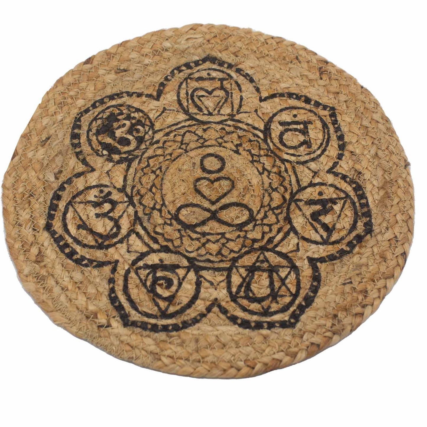 Circular natural jute place mat featuring a black printed chakra symbol design in the centre.