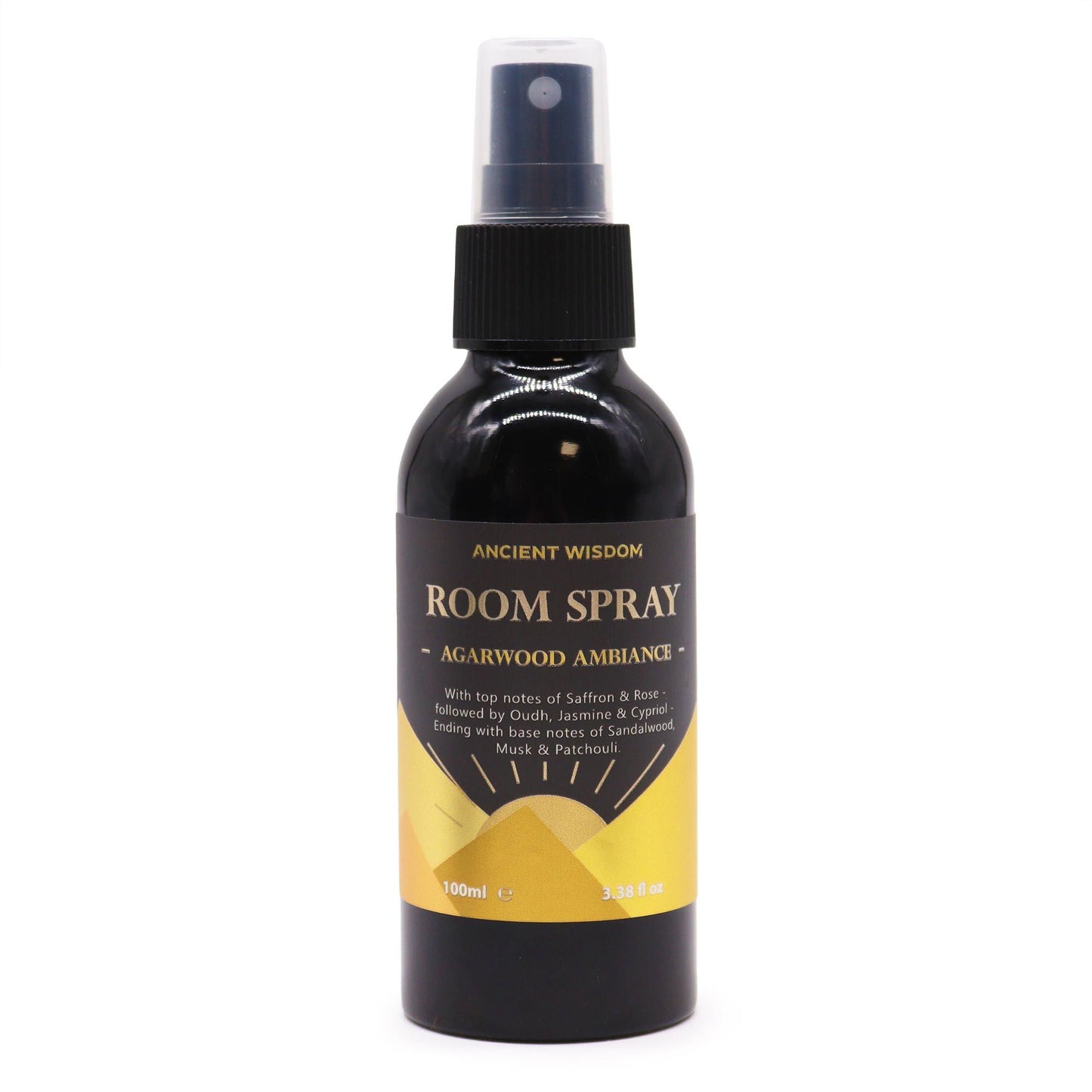 Elegant 100ml room spray bottle containing agarwood ambiance fragrance with notes of saffron and rose.