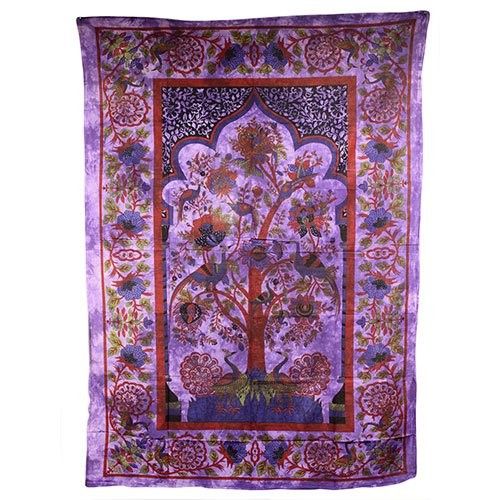 Intricate purple Tree of Life design on a large fabric wall hanging or bedspread.