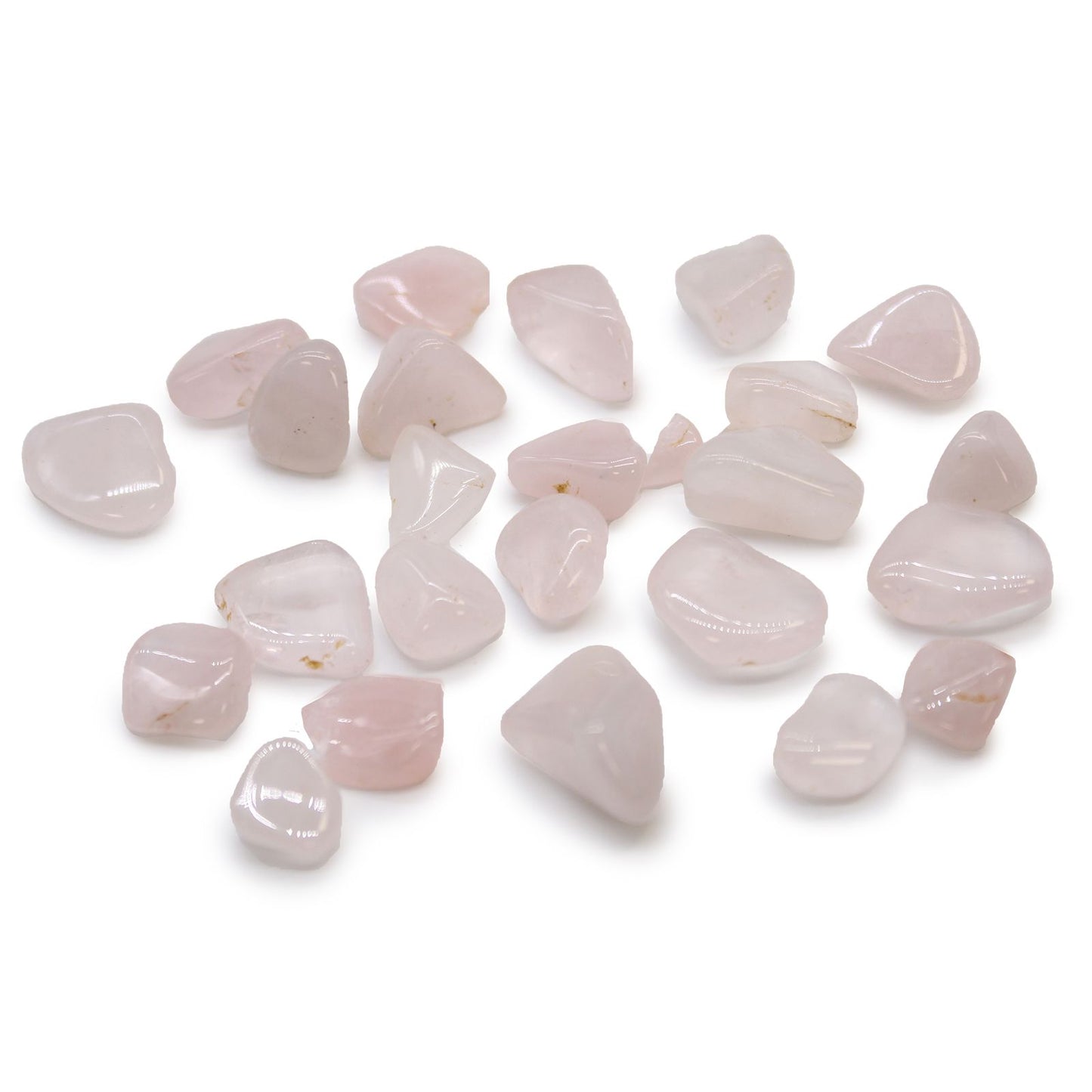 Smooth, polished small pink rose quartz tumble stones showing various shades of soft rose and pale pink.