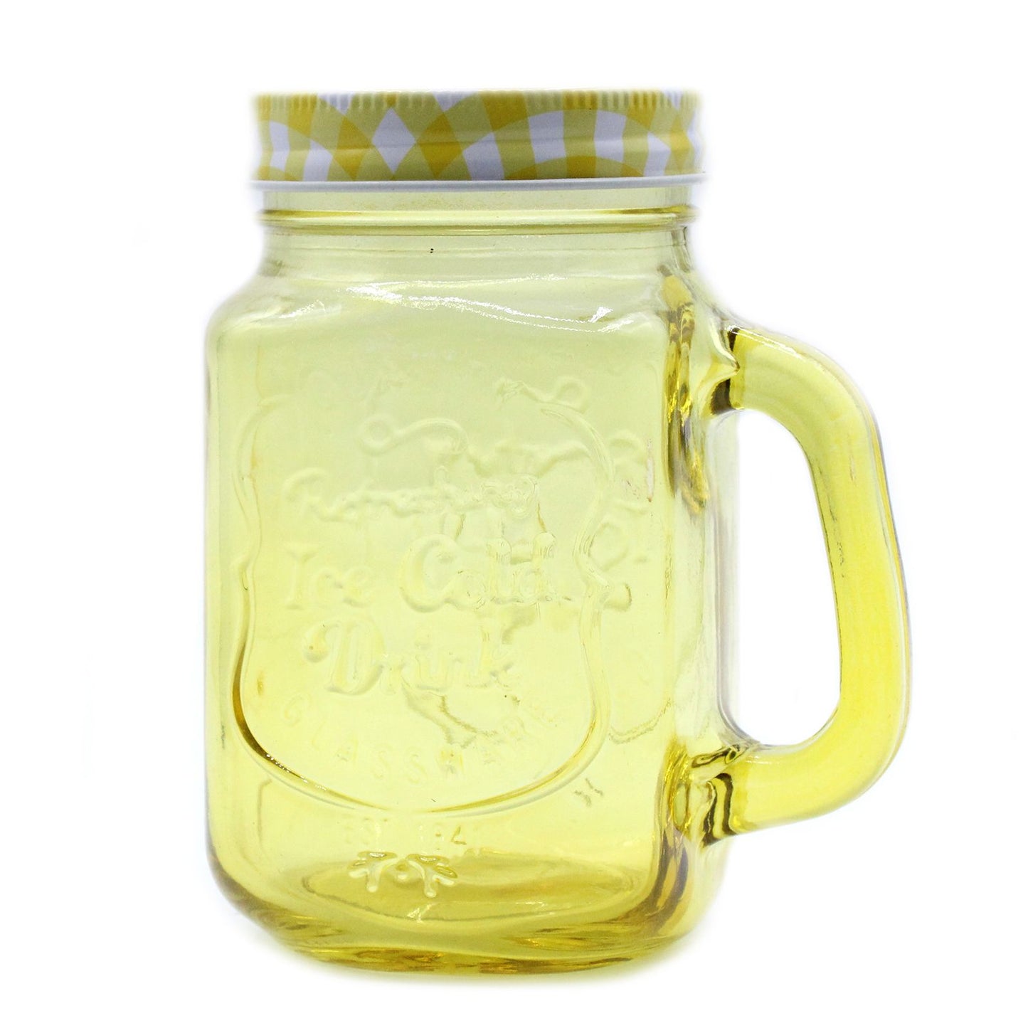 Vibrant yellow glass mason jar with a handle and embossed Ice Cold text for serving chilled beverages.