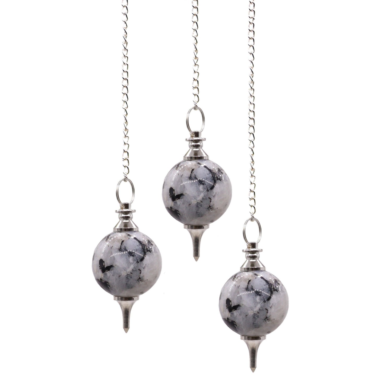 Polished rainbow moonstone sphere pendulum suspended on a delicate silver chain with a matching gemstone bead.