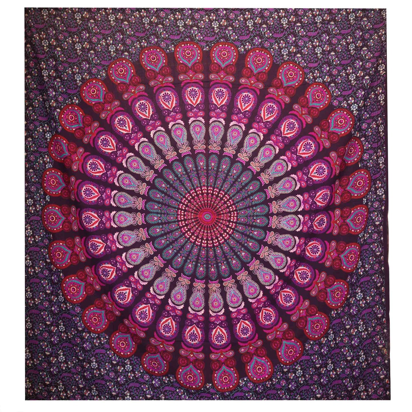 Large purple cotton bedspread and wall hanging featuring an intricate white peacock mandala pattern.