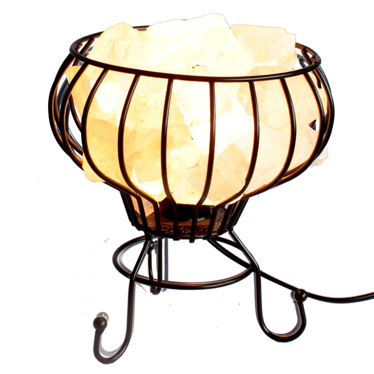 Elegant black metal brazier filled with natural white Himalayan salt chunks, glowing with a warm ambient light.