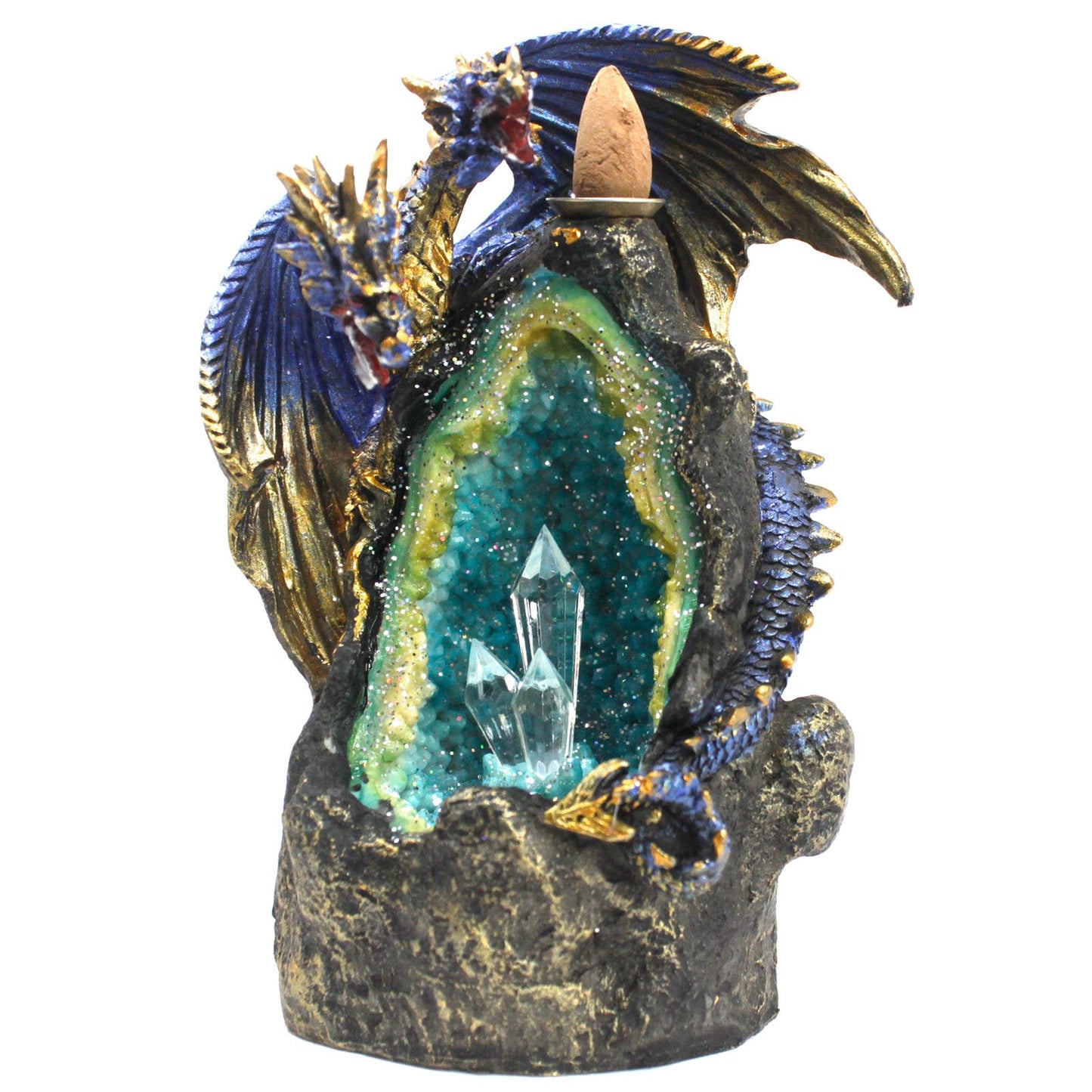 Intricate dragon perched on a crystal cave backflow incense burner with glowing LED lights and cascading smoke effect.