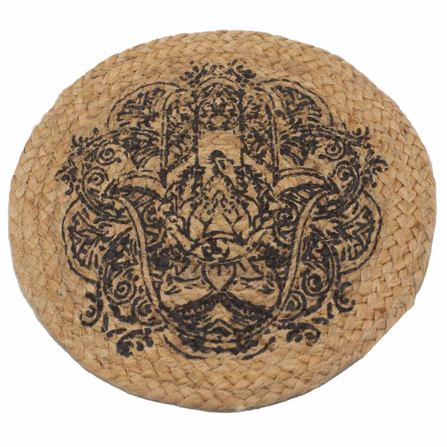 Round natural jute place mat with a black Hamsa hand print design on a rustic wooden surface.