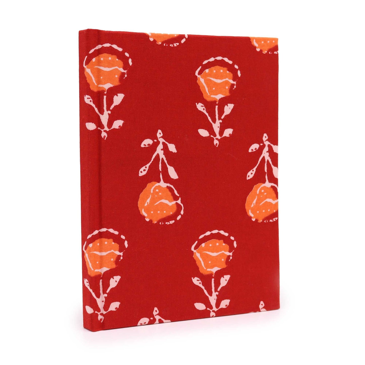 Handmade cotton bound notebook with a vintage-style pink and red rose floral pattern on a cream background.