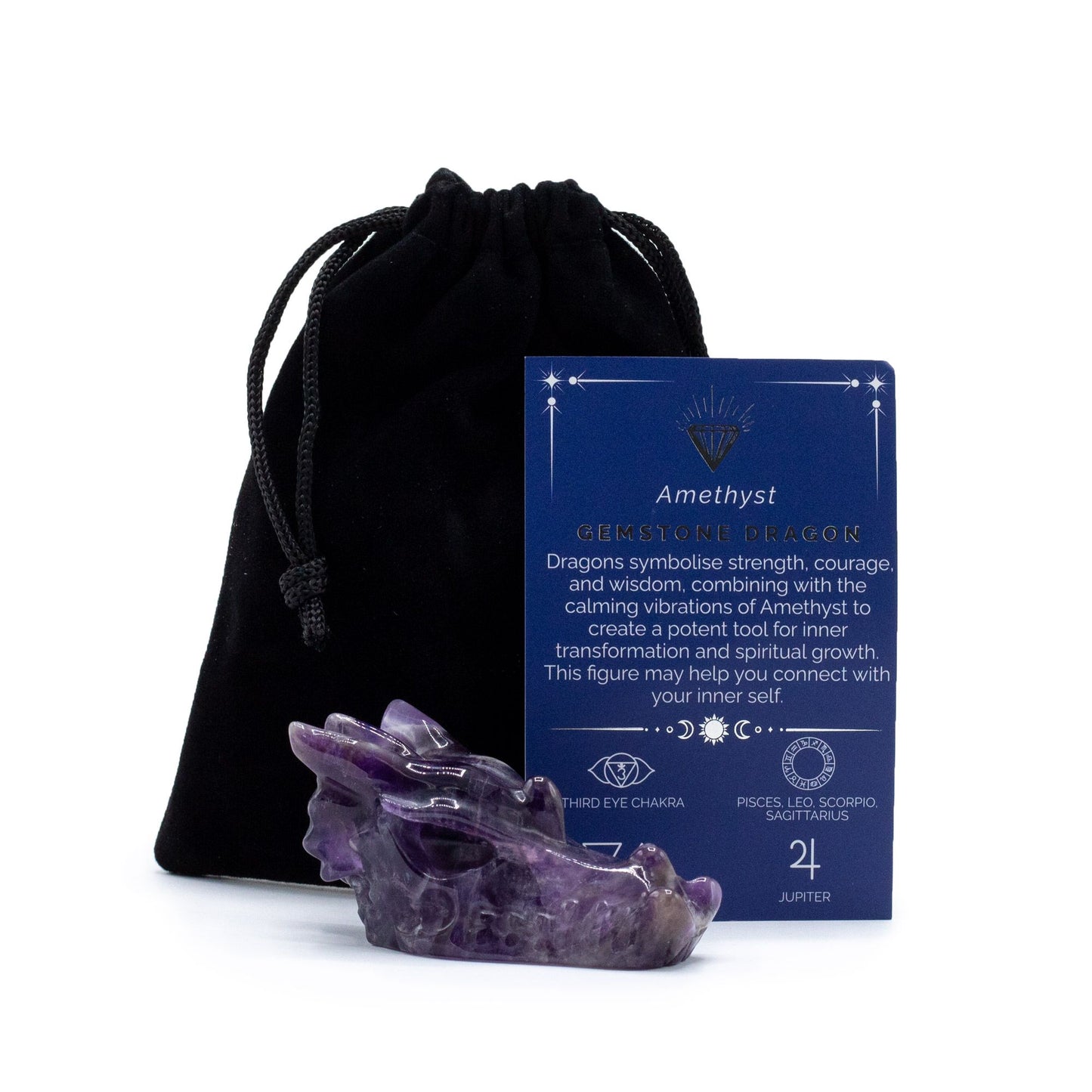 Intricately carved large amethyst gemstone dragon head showing deep purple crystal points and natural mineral textures.