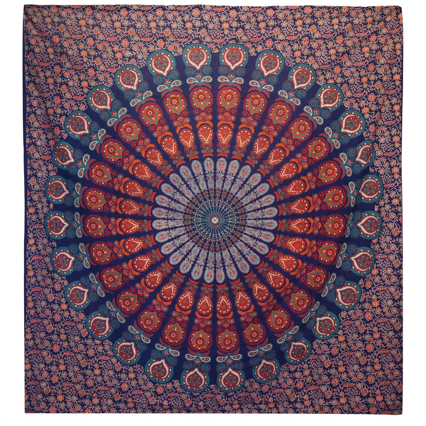 Blue and white cotton bedspread featuring an intricate circular peacock mandala design.