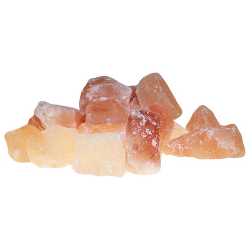 Coarse chunks of natural pink Himalayan crystal salt in various sizes and shades of rose and orange.