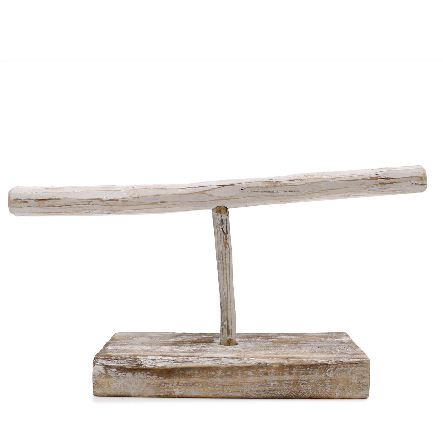 Elegant single branch wooden jewellery stand with a rustic whitewashed finish for displaying necklaces and bracelets.