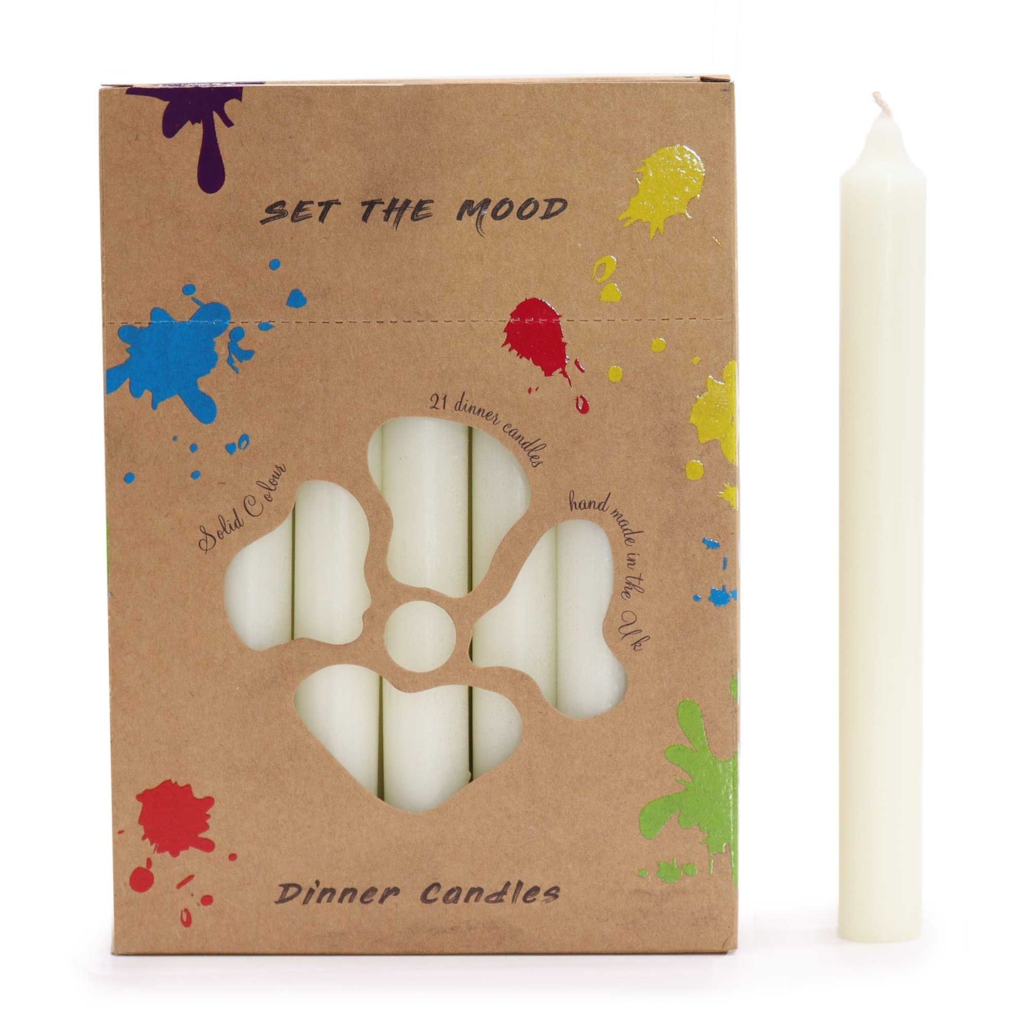 A bundle of twenty-one tall, rustic white solid colour dinner candles with a textured finish.