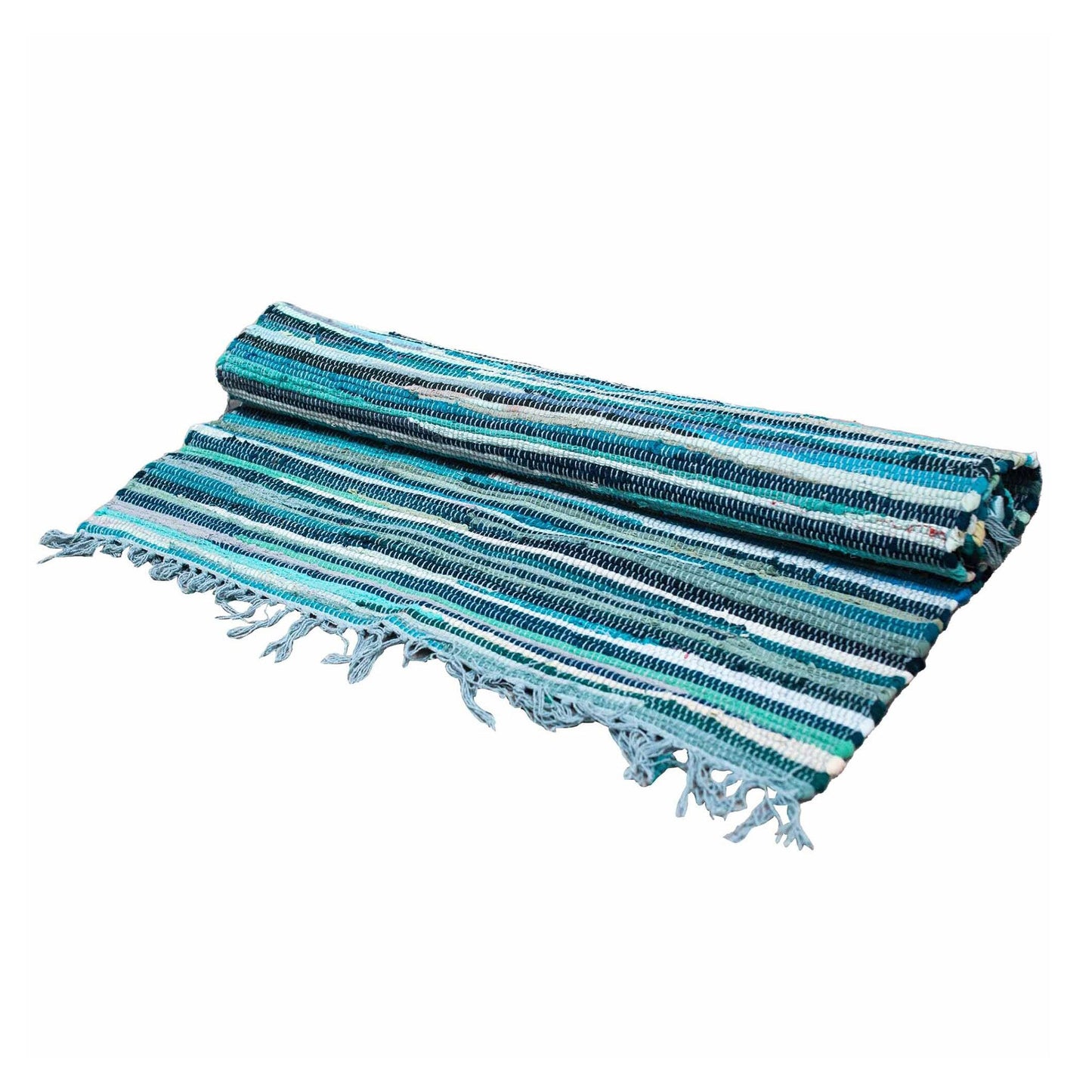 Large rectangular handcrafted rag rug in a soothing palette of aqua and turquoise blue cotton fabrics.