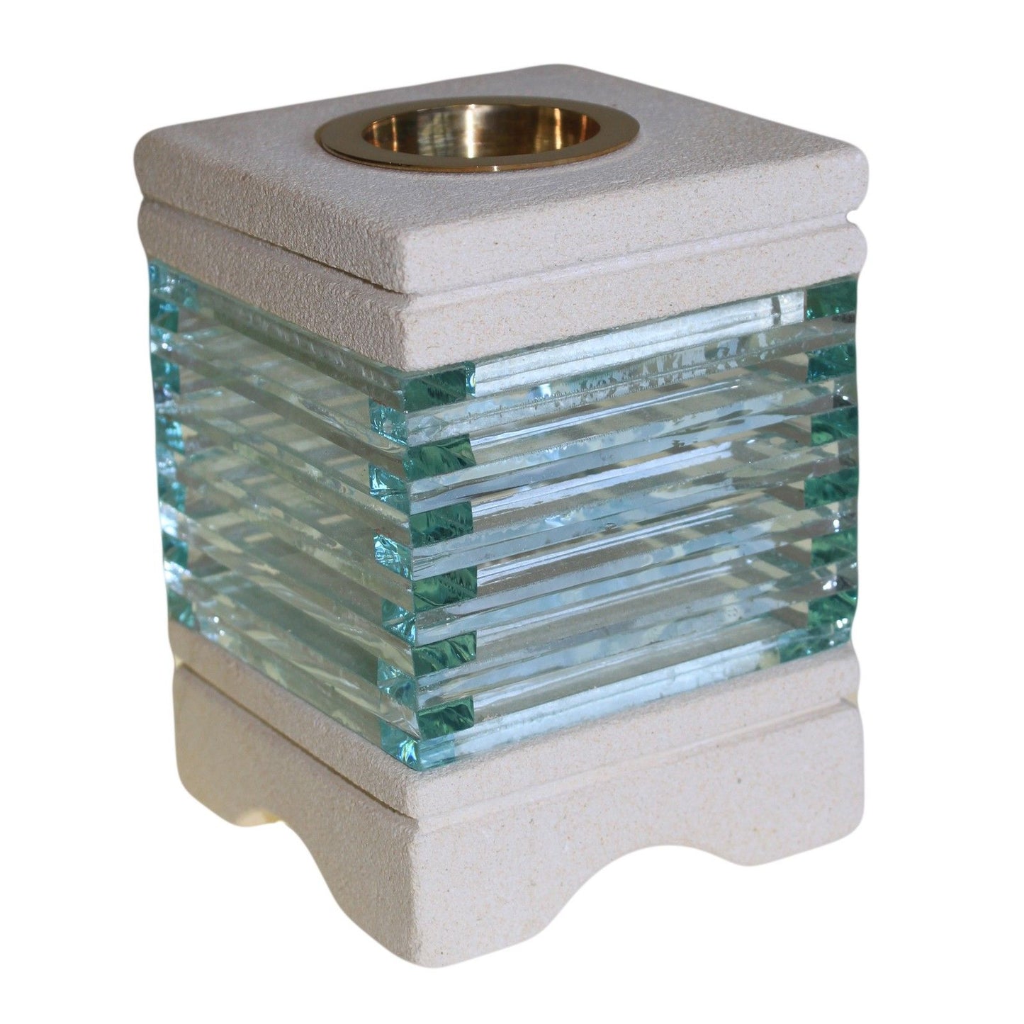 Hand carved square sandstone oil burner with a glass brick design and a clear glass bowl on top.