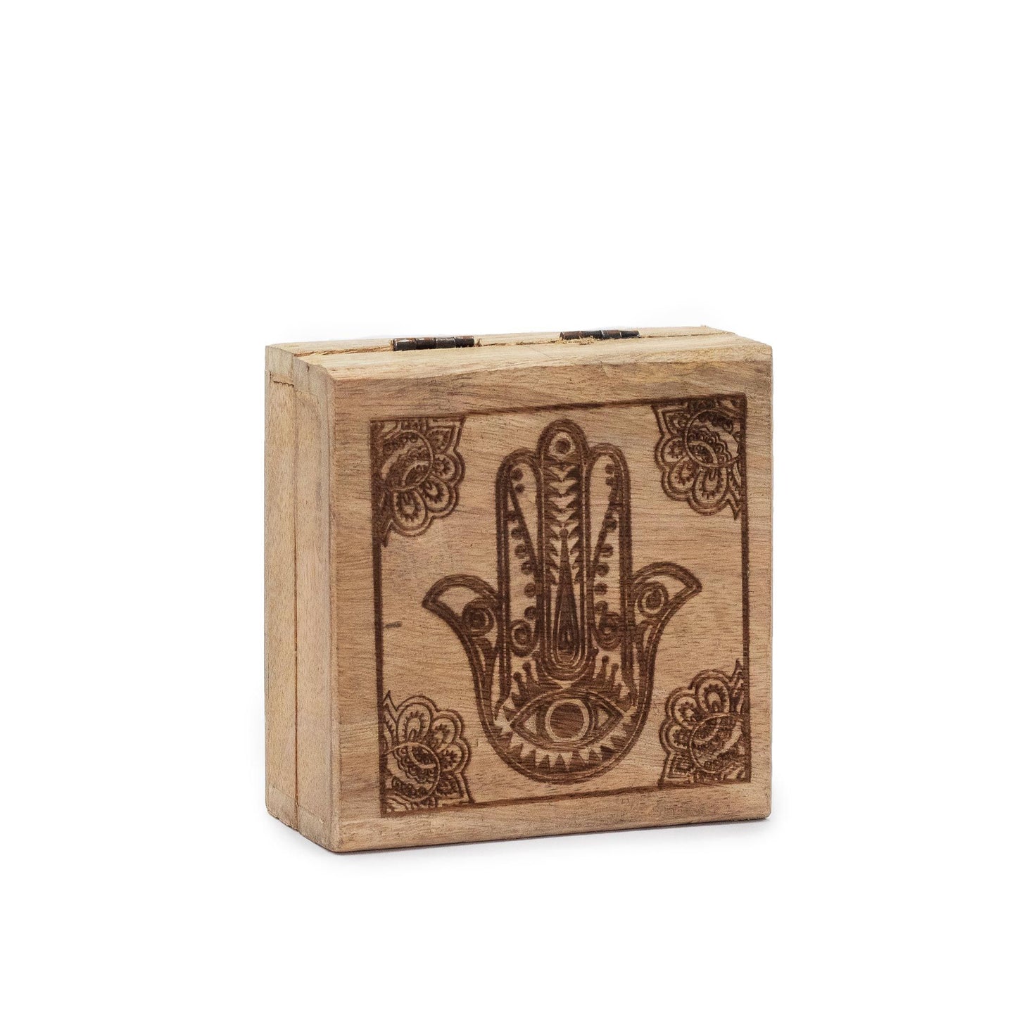 Small square black wooden box with a detailed Hamsa hand symbol engraved on the lid.