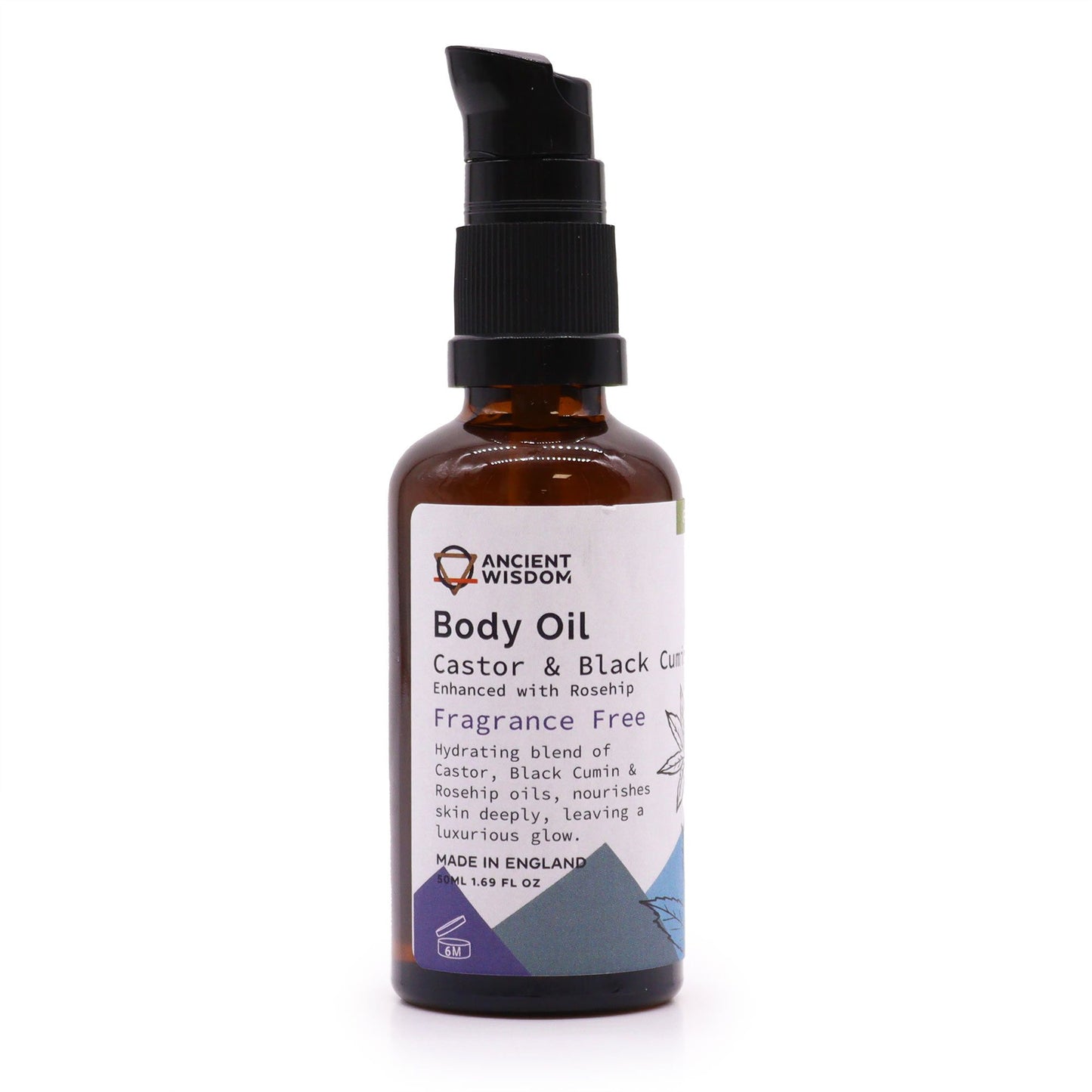 Clear 50ml glass bottle of unfragranced organic rosehip body oil with a minimalist label on a white background.