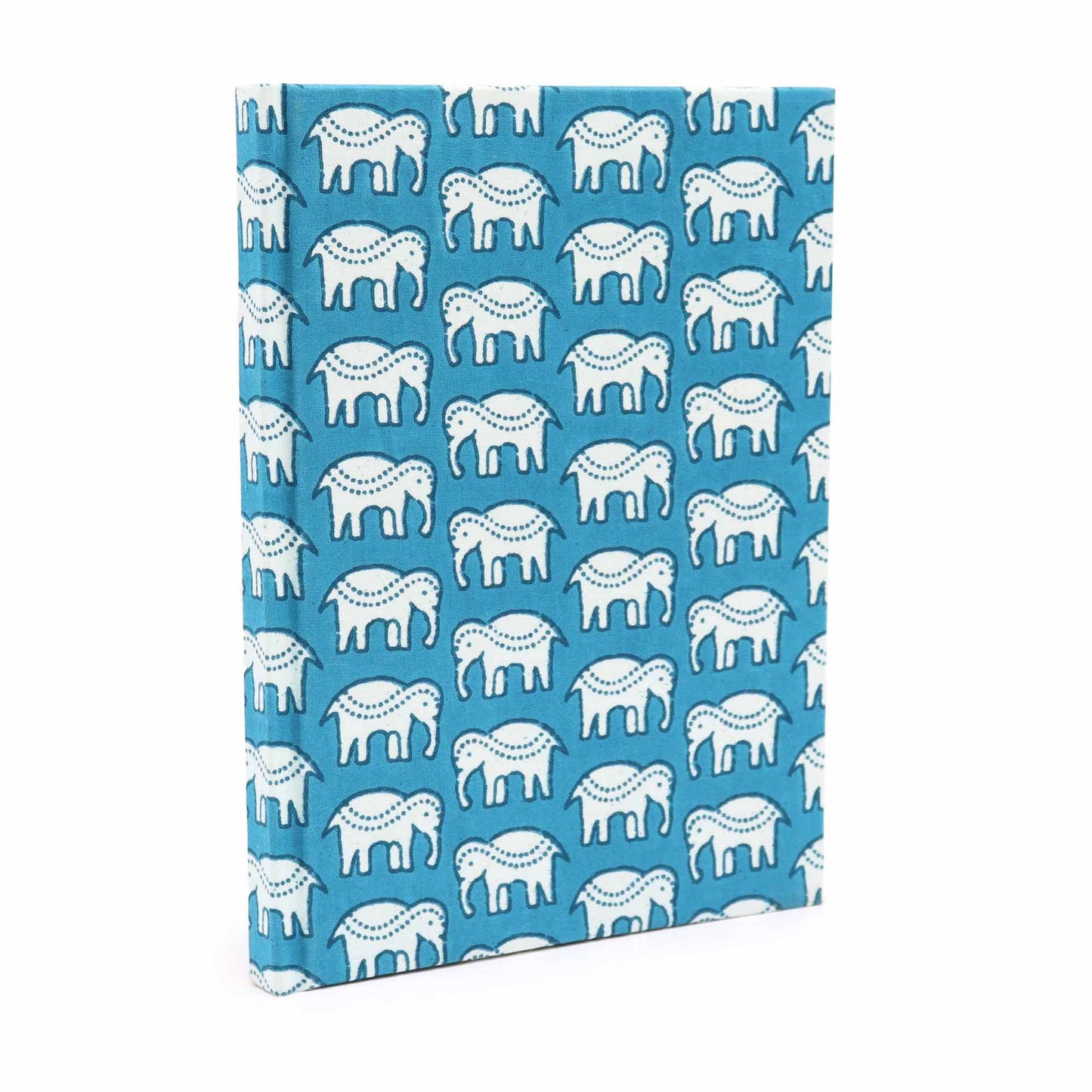 Handcrafted cotton bound notebook featuring a vibrant teal fabric cover with an elegant white elephant pattern.