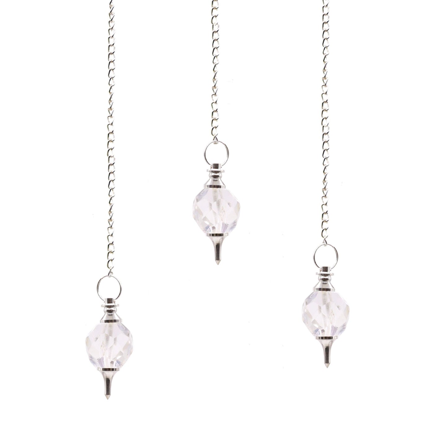 Clear faceted rock quartz crystal pendulum suspended from a delicate silver chain.