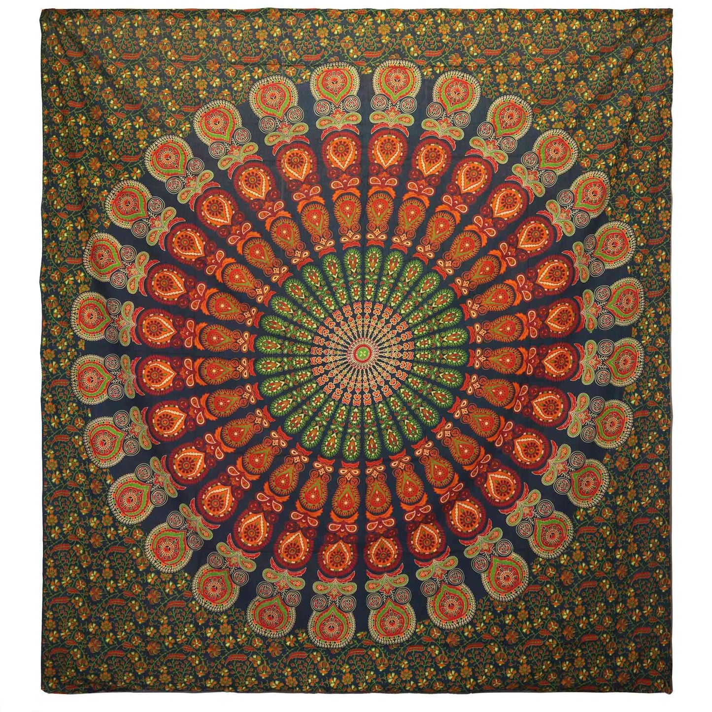Intricate green peacock mandala pattern on a large double cotton bedspread and wall hanging.