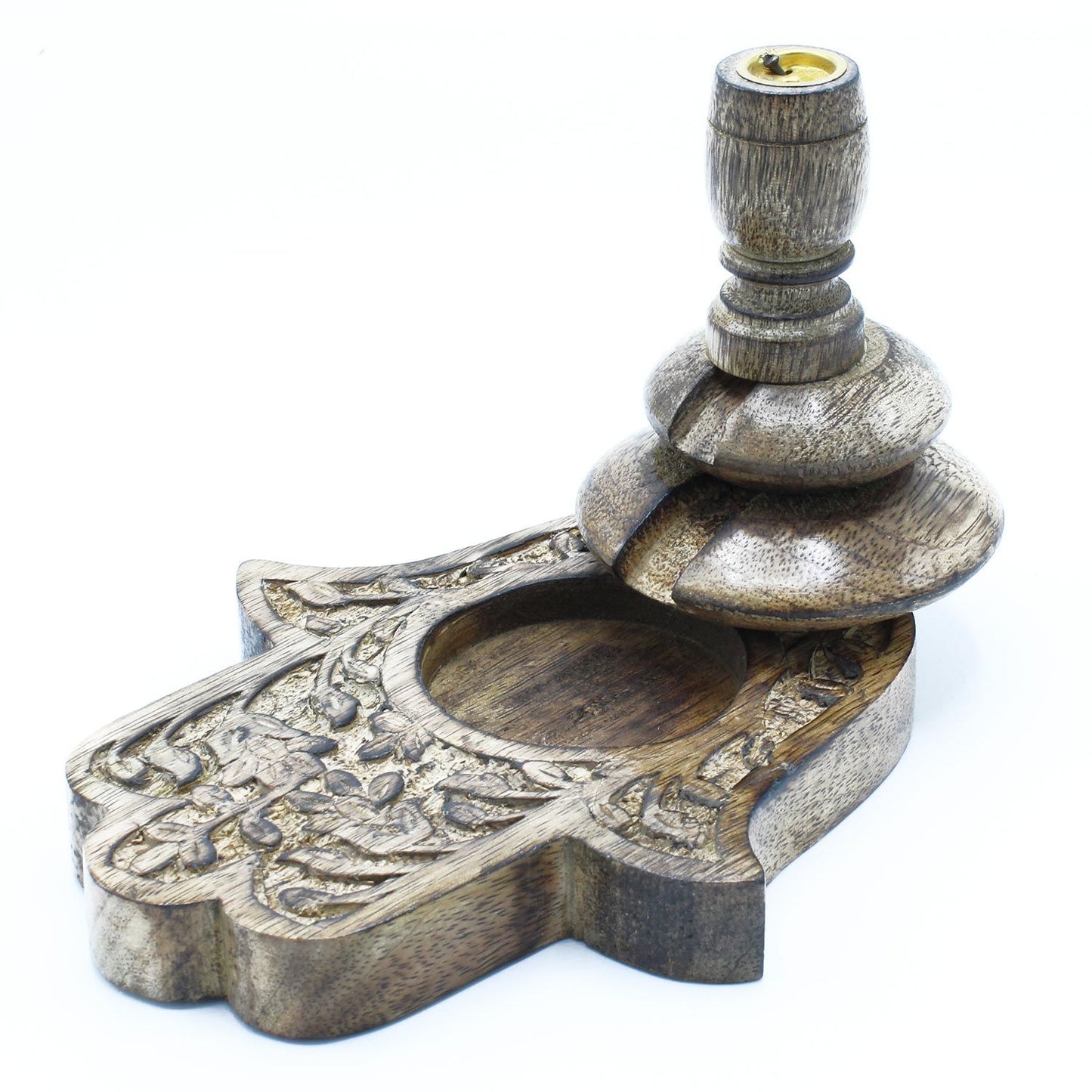 Hand-carved mango wood backflow incense burner featuring a traditional Hamsa symbol design.