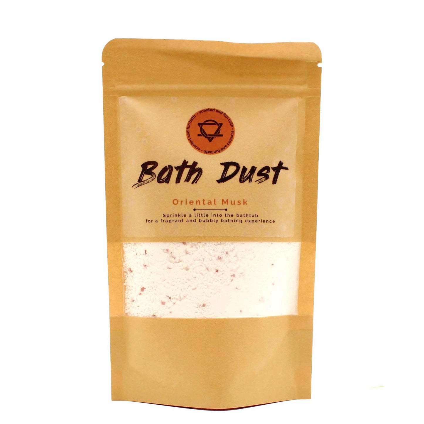 Fine pink bath dust powder in a clear glass jar with a wooden spoon, perfect for a relaxing soak.
